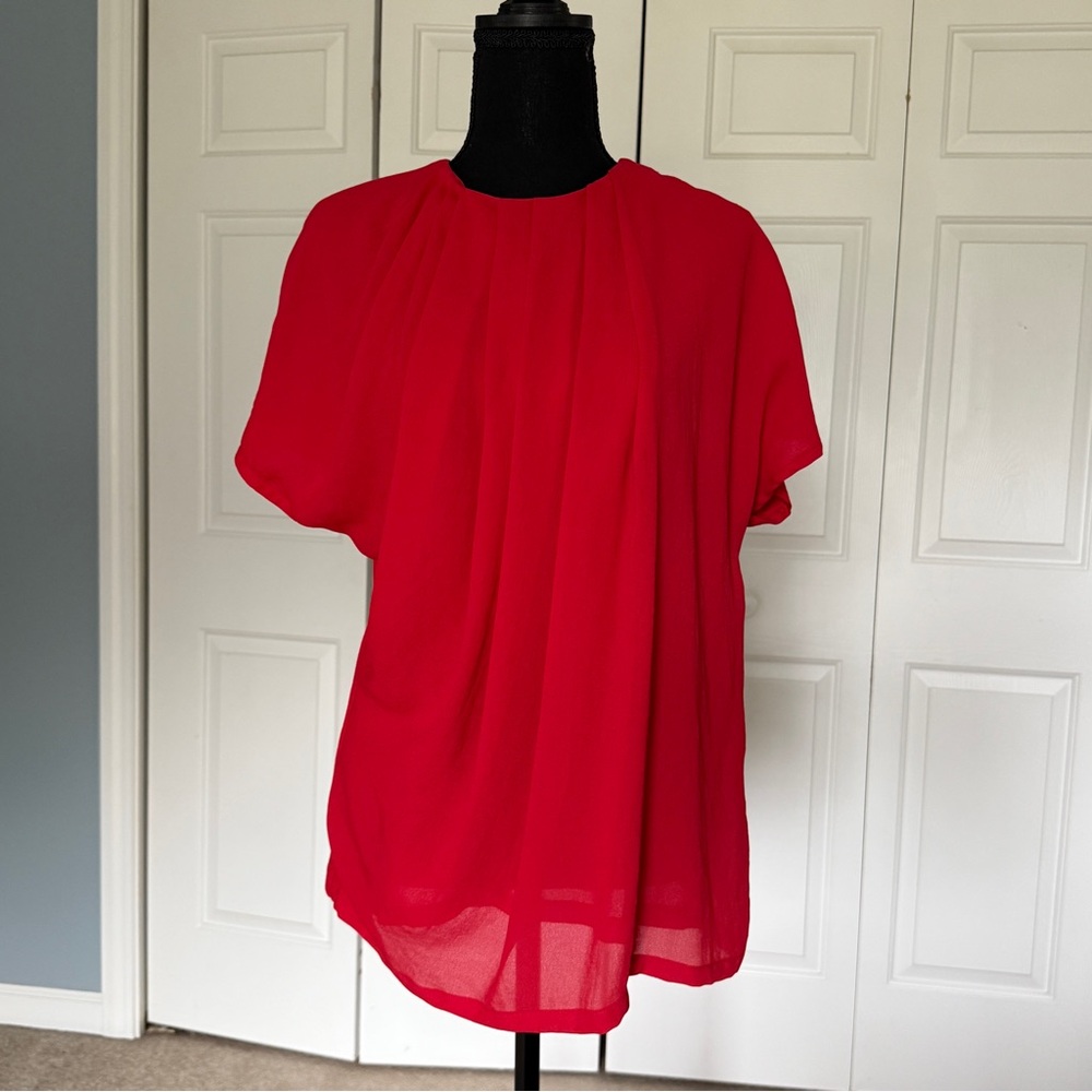 Bright Red Pleated Sheer Shortsleeved Women's Blouse, Size M